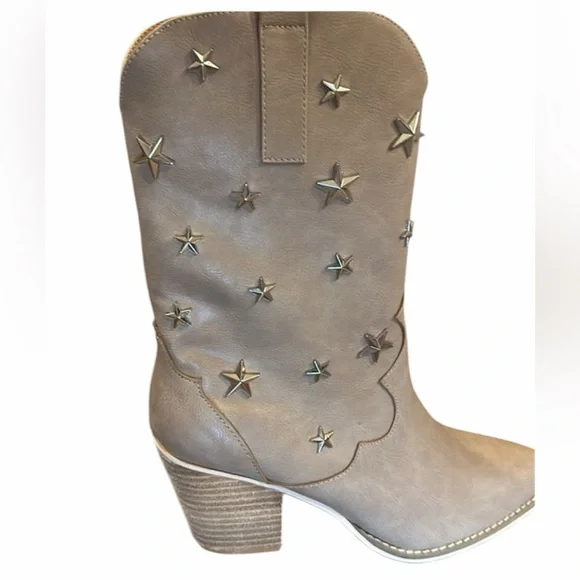 Ccocci Star Studded Western Booties Size 7 Taupe Pull On Pointed Toe Block Heel - Picture 5 of 13